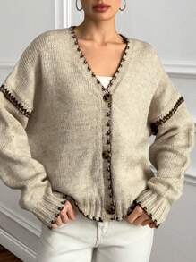 EURMUSE Áo len cardigan nữ chất lượng cao chải kỹ viền tương phản ấm áp và thoải mái - Màu be - Xem 3