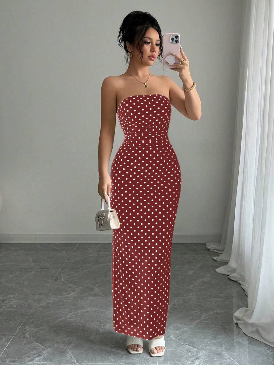 Chiquease Ladies Elegant Polka Dot Mesh Bustier Style Ruched Waist Mesh Dress - Burgundy - View 1