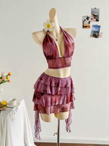 Soleia 女士复古扎染印花深 V 吊带露背蝴蝶结吊带上衣和多层荷叶边下摆迷你裙套装，适合派对、性感约会、下午茶、街头、城市度假、音乐节、海滩 - 彩色 - 查看 3