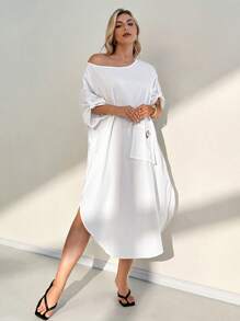 SHEIN Essnce Plus Size Solid Color Round Neck Minimalist Dress, Fashionable For Summer - White - View 1