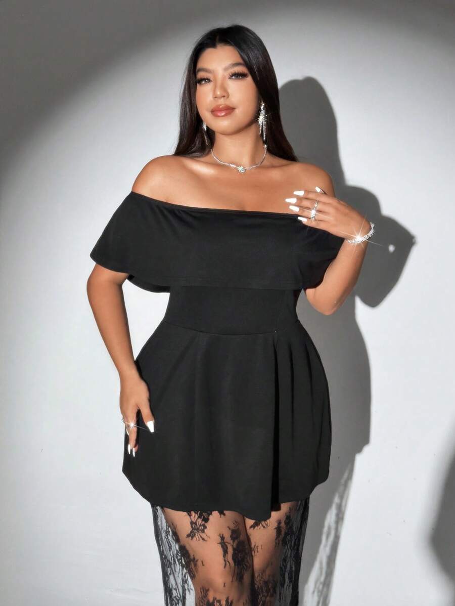 Viva Relle Plus Size Summer Elegant Solid Color Off Shoulder Lace Patchwork Dress - Black - View 1