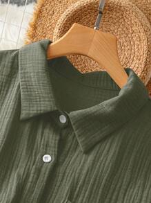 GlowEve CURVE Plus Solid Button Front Patched Pocket Shirt - Army Green - View 4