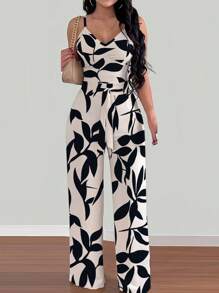 INAWLY 加大码女式花卉印花阔腿连体裤，配有可调节松紧抽绳腰带 - 杏色 - 查看 2