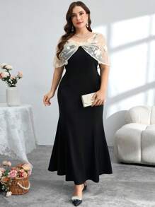 Modelyn Vestido ajustado elegante de talla grande con bordado en color contrastante para uso profesional - Negro - Ver 6