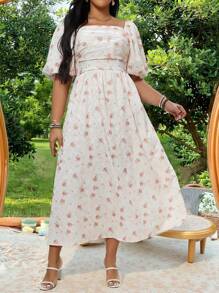 Flirla Plus Size Short Sleeve Square Neck Dress, Fashionable For Summer - Multicolor - View 6