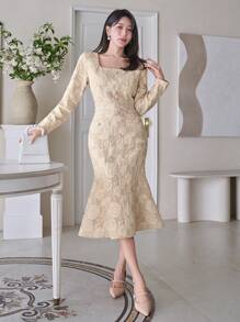 DAZY 1 chiếc đầm nữ màu trơn, họa tiết hoa, cổ vuông, dài ngang gối, thích hợp cho hẹn hò, đầm thu, đầm tay dài, đầm maxi. - Màu be - Xem 7