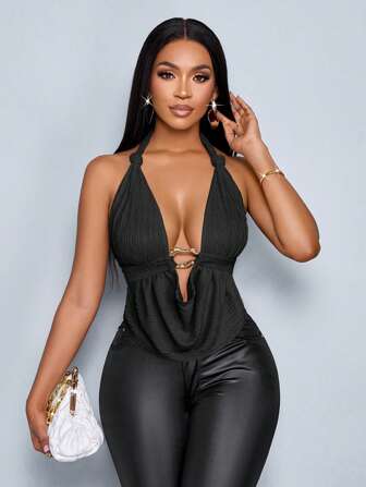 SOLERSUN Spring And Summer Women's Wear Leisure Vacation Apricot Deep V-Neck Halter Straps Front Center Metal Buckle Gathered Shoulder Straps Twist Curved Hem Backless Straps Knitted Textured Fabric Vest