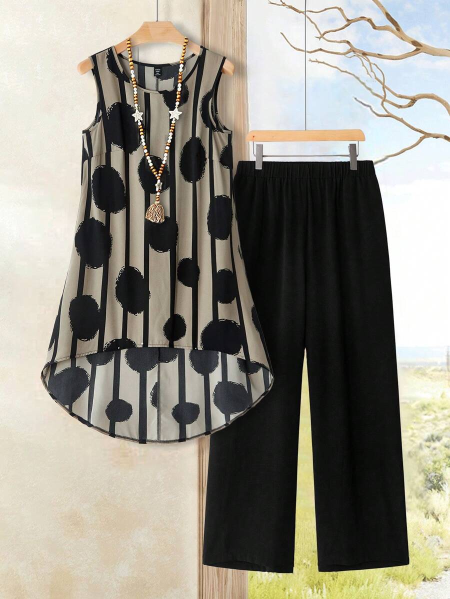 EMERY ROSE 2 件女式加大码全身印花圆领不对称下摆背心和纯色长裤套装，送给妈妈的礼物，暑假，女士度假装，简约时尚，适合日常穿着，度假氛围，春假，春夏休闲装，波西米亚风，2 件夏季服装