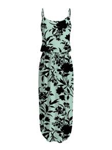 Shutterstock Glamance Women's Summer Floral Print Fitted Strap Slit Dress Summer Dresses For Women Business Casual Woman Office Outfits For Women Hawaii Outfits Women Day Night Outfits Women Travel Outfit Airport Streetwear Women Fall Clothes Modest - Green - View 3