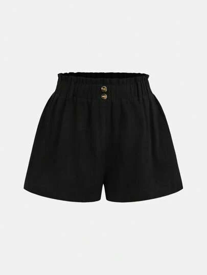 Girlism 少女蓝灰色纯色休闲短裤，纸袋腰纽扣细节，春夏季，适合休闲度假、节日、午餐、音乐节