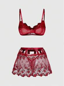 ROMWE Goth 玫瑰刺绣蕾丝钢圈文胸、丁字裤和迷你裙性感内衣套装 - 酒紅色 - 查看 2