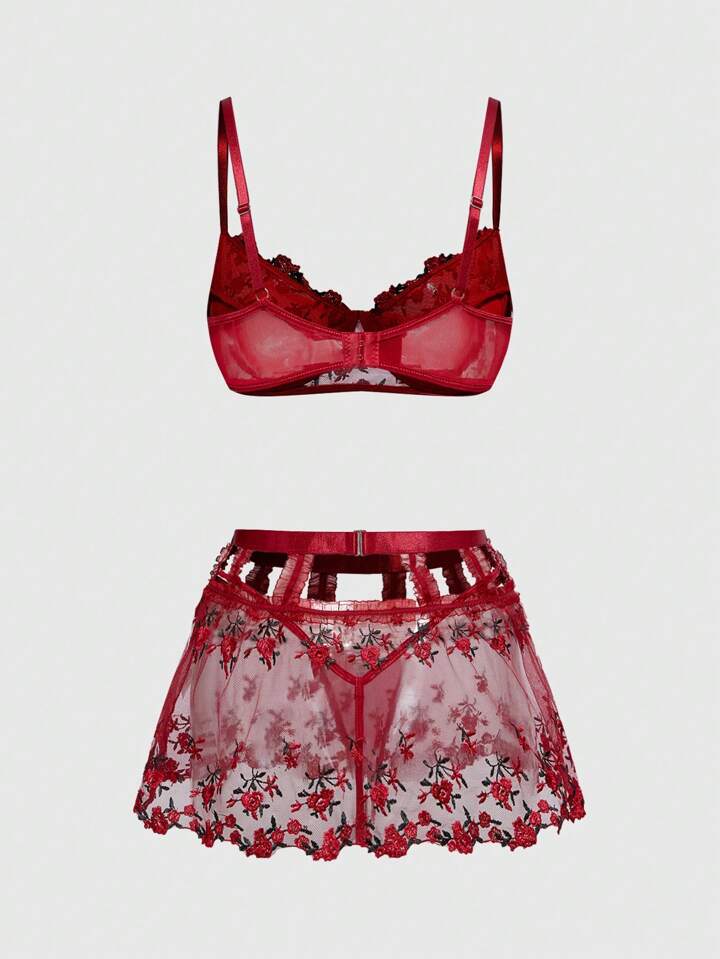Is That The New Goth Rose Embroidery Lace Underwire Bra, Thong And Mini  Skirt Sexy Lingerie Set ??| ROMWE CANADA