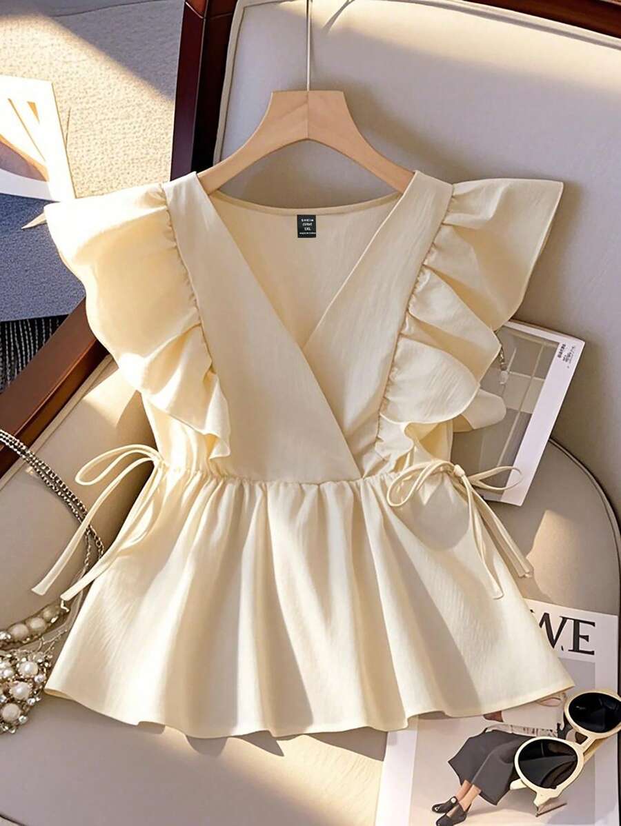 Regalyn Women's Sweet French Style Cropped Flutter Sleeve V-Neck Frill Trim Tie-Waist Sleeveless Blouse, Spring/Summer