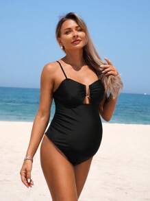 SHEIN 1pc Maternity Swimwear Solid Color Spaghetti Strap One-Piece Swimsuit, Stylish For Summer