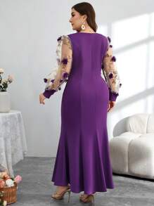 Modelyn Vestido midi de manga obispo con volumen en la cintura, bajo con abertura y bordados y patchwork, tela con textura, vestido elegante de oficina a fiesta cóctel de talla grande - Negro - Ver 2