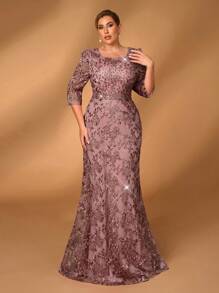 Serin 大码优雅浪漫串珠水晶缀饰蕾丝中袖鱼尾礼服，适合舞会、婚礼、晚会、新娘母亲礼服