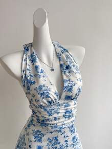 Flirla Women's Elegant Ditsy Floral V-Neck Sleeveless Mini Dress, Summer Beach Vacation Style - Blue and White - View 4