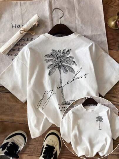 SHEIN EZwear Plus Size Women's Summer Casual Vacation Style Coconut Tree Print Loose Fit Drop Shoulder Short Sleeve T-Shirt