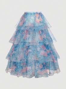 SHEIN MOD Plus Size Romantic Floral French Style Dress, Party/Evening Gown,Birthday Dresses For Women,Corset Dress For Women.Dreamy Blue Floral Ruffled Mesh Short Dress For Women Sweetheart Neck Tie Bow Details Layered Skirt Design,Spring/Summer Outfits, Valentine's Day Outfits - Blue - View 6