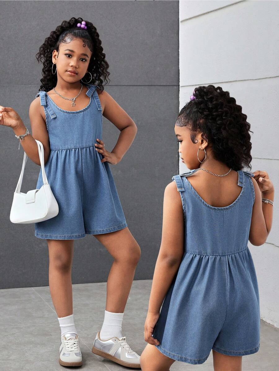 SHEIN Macacão Denim com Alças de Borboleta para Meninas Pré-Adolescentes