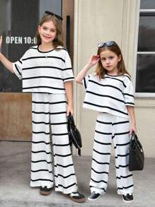 2pcs/Set Young Girl Striped Crew Neck Knit Top And Loose Fit Casual Pants Set