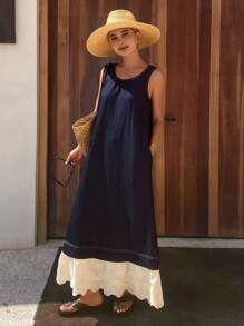 DAZY Women's Patchwork Color Block Ruffled Hem Round Neck Sleeveless Casual Holiday Dress Vacation Dress - Blue - View 3