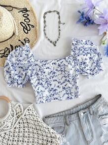 Girlism 少女休闲花卉印花荷叶边短袖衬衫 - 藍色 - 查看 2