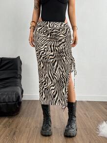 SHEIN Tall CURVE Plus Size Women Music Festival Outfits Zebra Print Side Drawstring Slit Hem Skirt