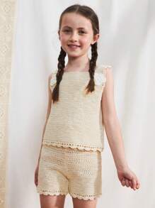 SHEIN 2件套少女无袖缀饰上衣和短裤两件套针织套装 - 米色 - 查看 4