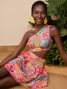 Travachic Summer Holiday Style Tropical Print Cutout Waist Sleeveless Dress, Vacation, Summer, Summer Outfits For Women, Beachwear, Beach Outfits For Woman, Vacation Outfits Women, Concert Outfit Women, BOHO, Tropical Vacation Woman Clothes, Summer Dresses For Women, Holiday Outfits Vacation Dress