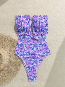 Soleia 女士度假甜美花卉印花露肩镂空露背系带沙滩连体泳衣 - 紫色 - 查看 4