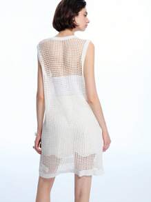 LYSMO Ladies Sleeveless Sweater Dress With Floral Embroidered Hollow-Out Design - White - View 2