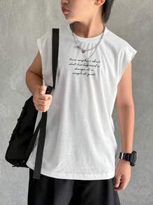 SHEIN Tween Boy Oversized Letter Graphic Sleeveless Loose Knit Tank Top, Suitable For Beach, Sport, Vacation, School - White - View 3
