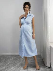 Momance Maternity Blue Striped Print Twist Front Button Down Dress - Blue - View 1