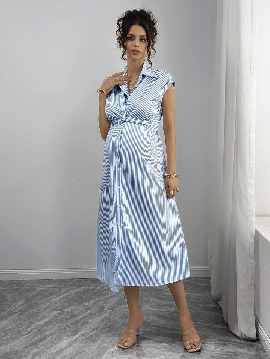 Momance Maternity Blue Striped Print Twist Front Button Down Dress - Blue - View 1