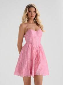 Glamine Romantisches Frühlings- und Sommer-Jacquard-Fischgräten-Brustbecher-Einfarbenes-Cami-Mini-Kleid für Damen - Pink - Übersicht 3