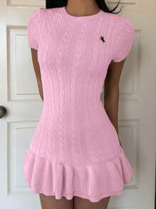 SHEIN EZwear Women's Summer Casual Embroidery Detail Ruffle Hem Mini Knit Dress,Fall Dress