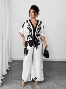 Elenzga 大码女式黑色杏色印花喇叭袖口腰带连体裤 - 彩色 - 查看 3