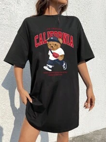 SHEIN EZwear 休闲宽松复古加州可爱熊图案圆领短袖短款女式T恤连衣裙，夏季，趣味 - 黑色 - 查看 3