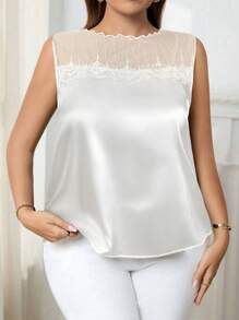 Reflora Plus Size Elegant Mesh Panel Solid Color Sleeveless Tank Top Valentine's Day - White - View 5