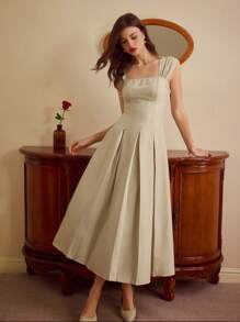 Vintamour 复古优雅女式宽肩带荷叶边连衣裙，修身，春夏婚礼宾客礼服，女士夏季连衣裙，节日服装，毕业礼服，度假服装，女士节日服装，女士商务休闲服装，女士教师服装 - 米色 - 查看 1