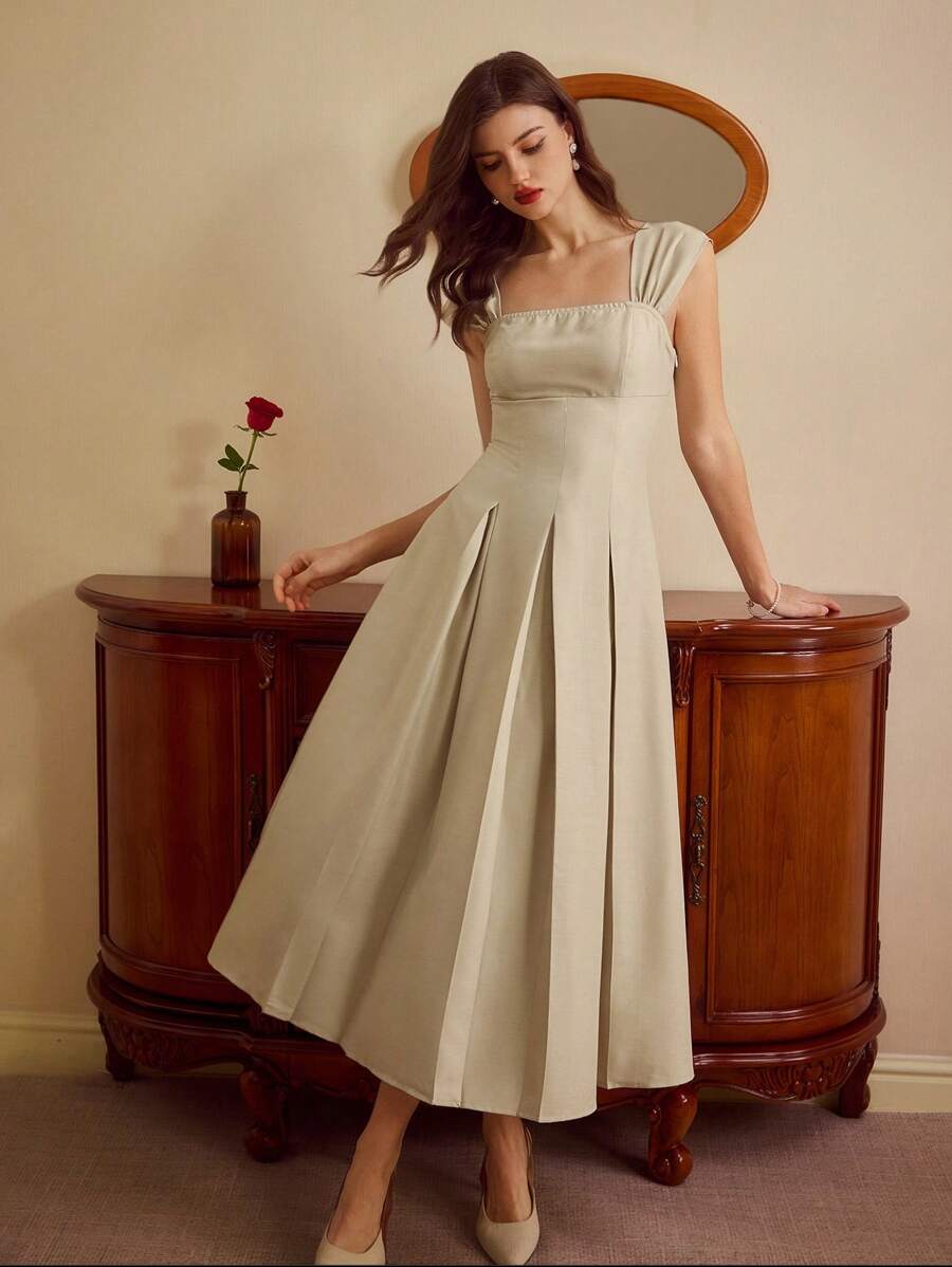 Vintamour 复古优雅女式宽肩带荷叶边连衣裙，修身，春夏婚礼宾客礼服，女士夏季连衣裙，节日服装，毕业礼服，度假服装，女士节日服装，女士商务休闲服装，女士教师服装 - 米色 - 查看 1