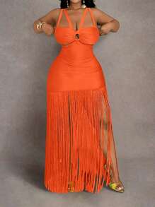 Slaydiva 大码女式镂空流苏下摆度假休闲连衣裙 - 橘色 - 查看 1