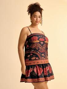 CAJUNI Vestido corto casual de playa negro con estampado floral tropical colorido y tirantes de espagueti para mujer de talla grande
