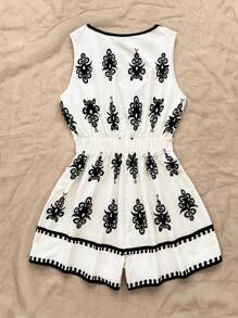 Soleia Women's Vacation Camisole Jumpsuit, Pattern Placement Print, Beach & Summer Wear Women Summer Clothes Dress Woman S Summer Clothes Women Summer Sets Women Short Dresses Summer Women S Clothes - Black and White - View 2