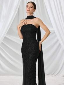 Coutiva 高级无肩带修身纯色正式礼服，高端奢华派对礼服，女士晚礼服，黑色柔软连衣裙，夏季连衣裙，蕾丝连衣裙，长裙，适合婚礼宾客、情人节等场合 - 黑色 - 查看 9