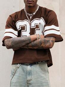 INAWLY Men's Striped & Numeric Print Crew Neck Short Sleeve T-Shirt - Brown - View 7