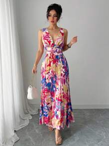 Elenzga Váy đi nghỉ gợi cảm hở vai cổ chữ V họa tiết hoa nhỏ nhắn cho nữ - Nhiều màu - Xem 3