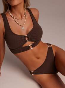 Forever 21 春季复古优雅休闲棕色褶皱弹力女式比基尼套装 - 棕色 - 查看 1