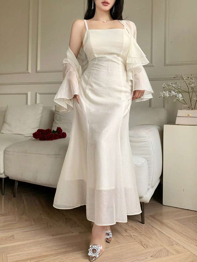 Solid Color Simple Casual Resort Elegant Tie Up Ruffle Trim Chiffon Blouse & Fitted Mermaid Hem Skirt 2 Pieces Suit Set, Suitable For Wedding, Graduation, Party,Fall Women Clothes